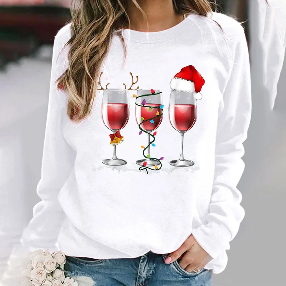 

2022 New Year Women Christmas Clothes Spring Autumn Hat Wine Glass Print Long Sleeve Ladies Top Casual O Neck Dailywear T-Shirts
