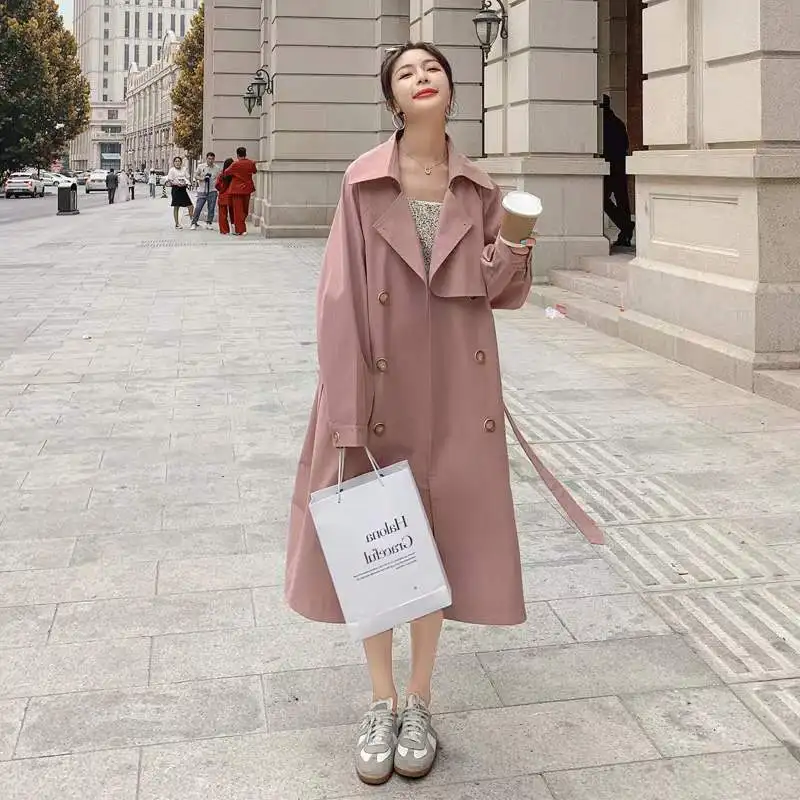 

Women's Double Breasted Pink Windbreaker Spring Over-The-Knee New High-End Design Temperament Goddess Fan Popular Jacket PP68886