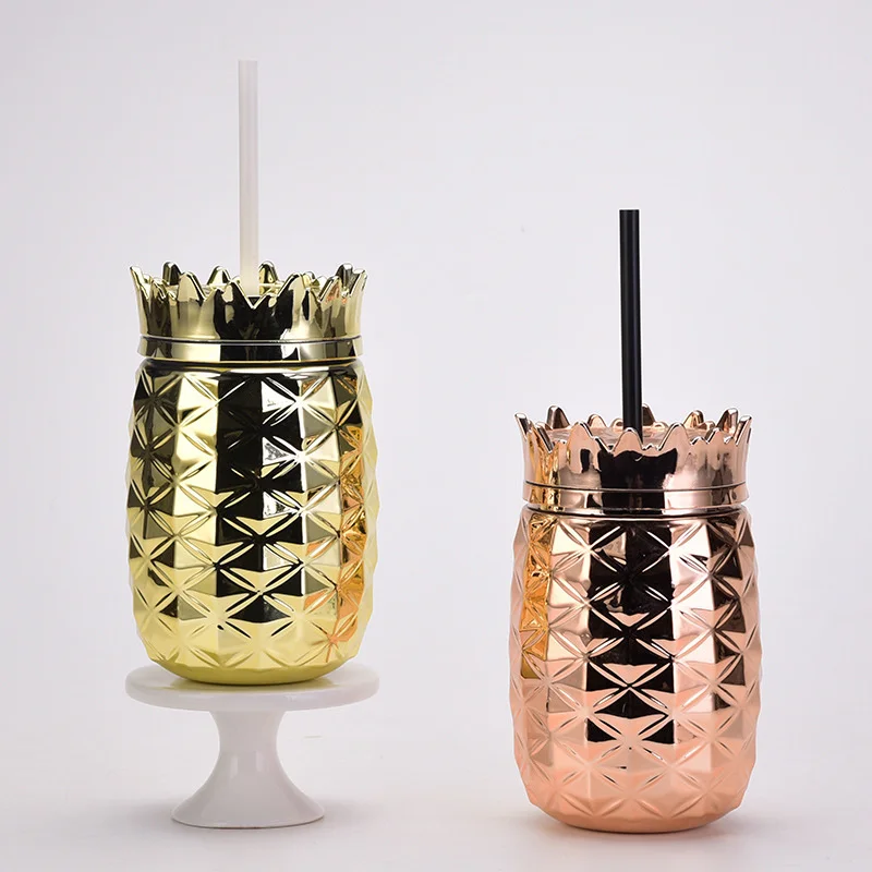 

700ml Creative Pineapple Shape Water Cup Plastic Plating Juice Drinking Bottle with Straw Irregular Tumbler Cup Gift For Kids