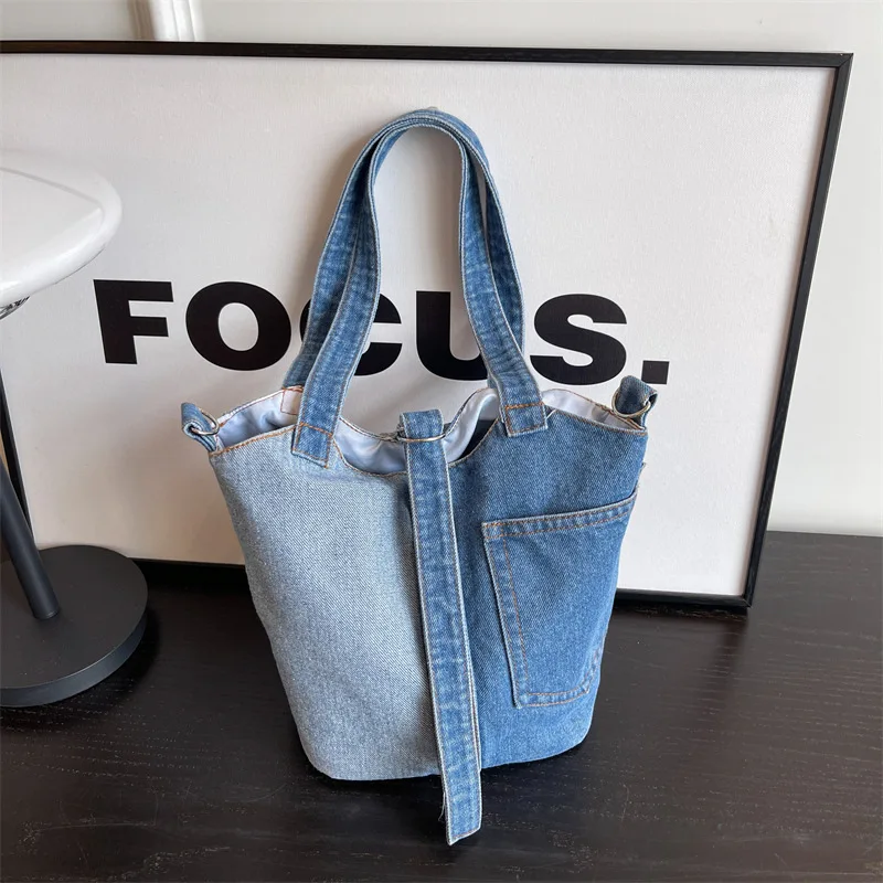 

Retro Denim bag for women 2023 New Korean Color Matching Bucket bag for casual and Fashionable Large Capacity handbag for women