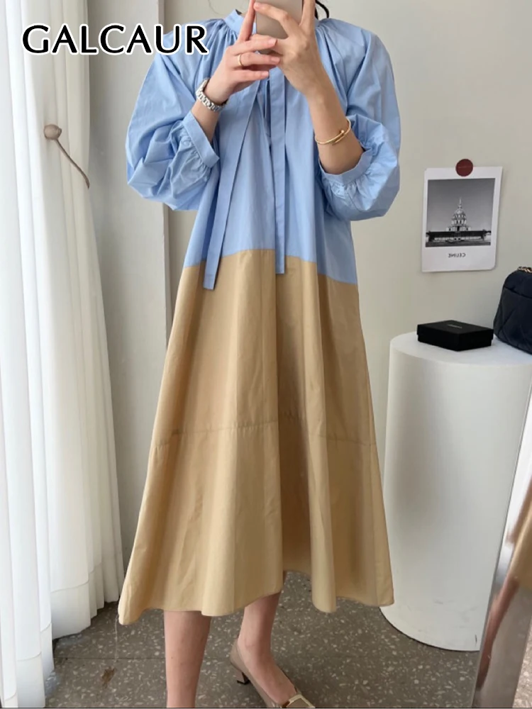 

GALCAUR Korean Hit Color Dresses For Women Stand Collar Long Sleeve Patchwork Lace Straight Loose Dress Female Summer Clothing
