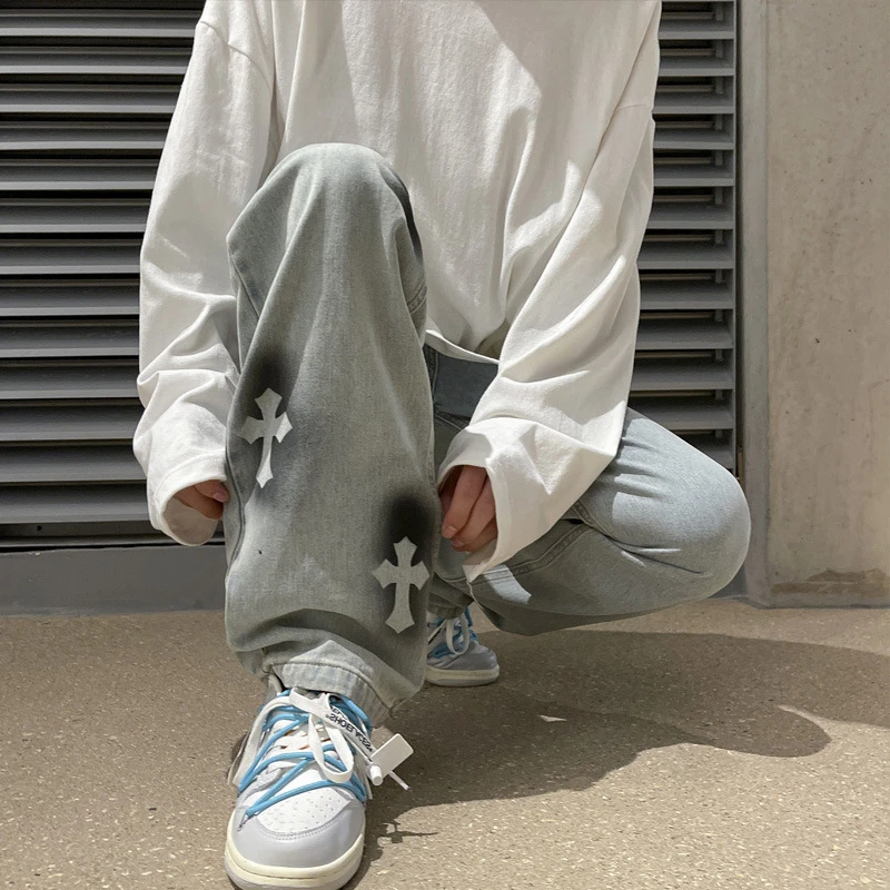 Streetwear Vintage Jeans Korean Style Jeans Men Loose Printed Straight Jeans Men Casual Button Mid Waist Wide-Leg Jeans Trousers