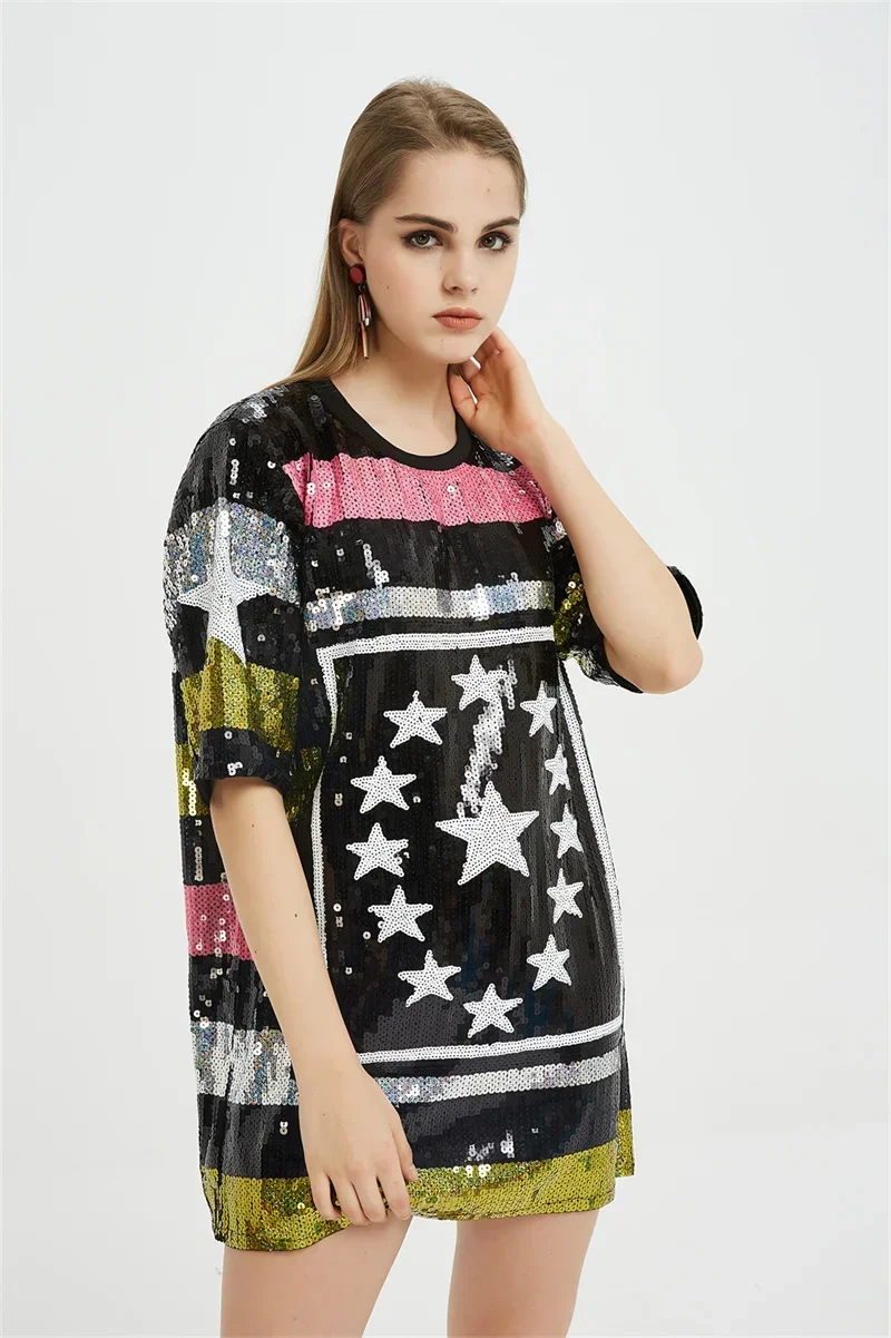 Летняя свободная женская одежда с коротким рукавом и блестками уличная круглым