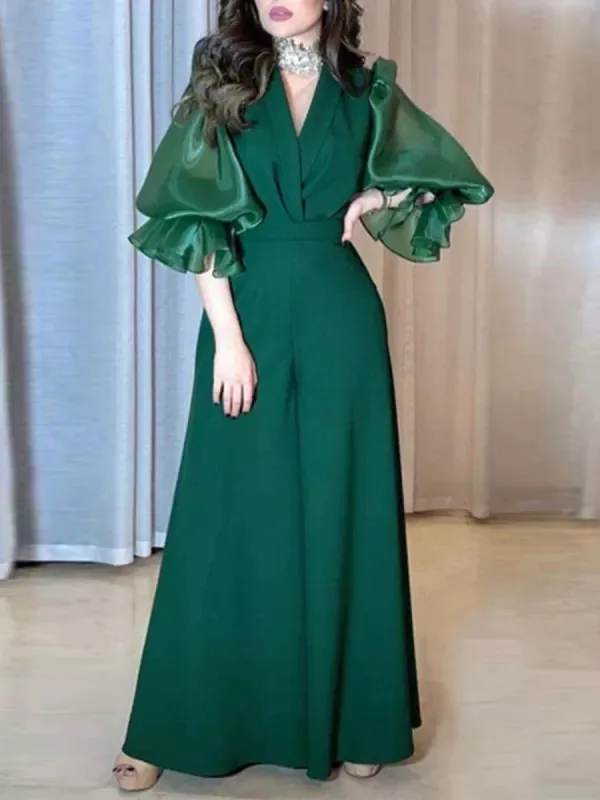 

Elegant Women's Jumpsuit V-neck Half Lantern Sleeve Ruffle Slim Solid Bodysuit Fashion Prom Wide Leg Trousers for Women Clothing