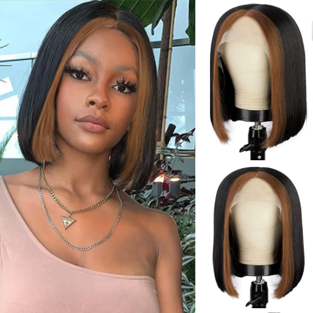

Highlight Short Bob Synthetic Wigs T Part Straight Lace Front Wigs For Women Heat Resistant Synthetic Hair Wig for Cosplay Daily