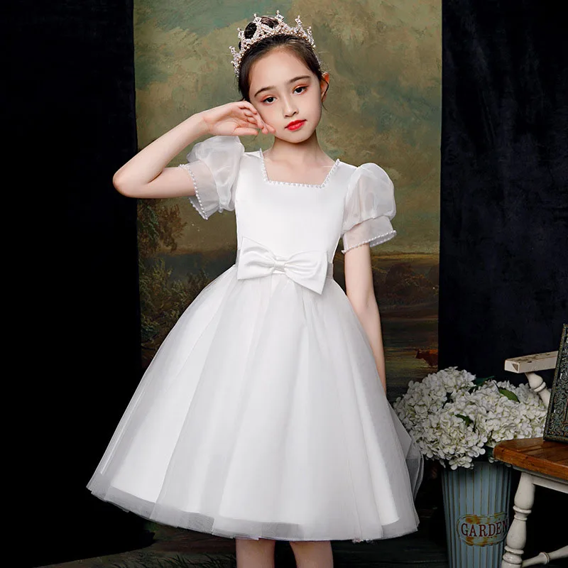 

Children'S White Yarn Birthday Little Princess Skirt Bubble Sleeve Children'S Host Flower Girl Dress Little Girl Piano Performan