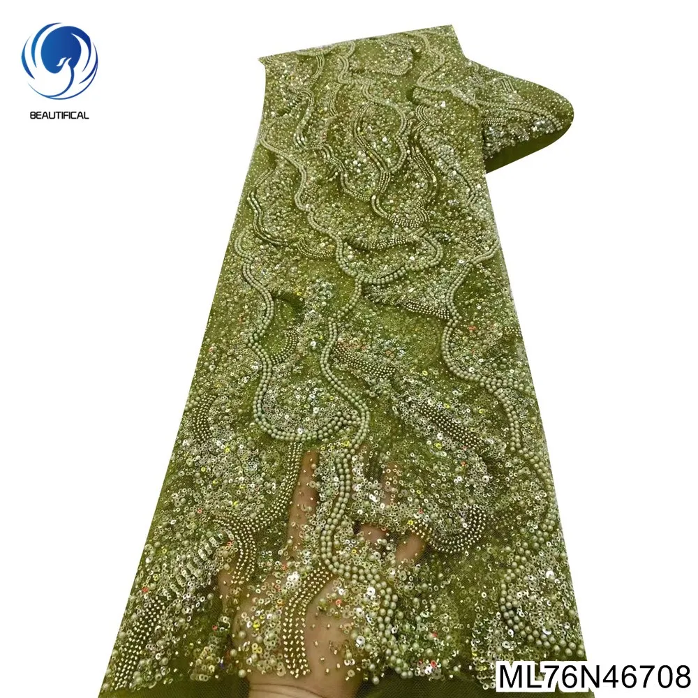 

Hot Bestselling Army Green African Sequins Fabric Tissu With French Heavy Beaded Tulle Lace Fabric for Wedding Dress ML76N467