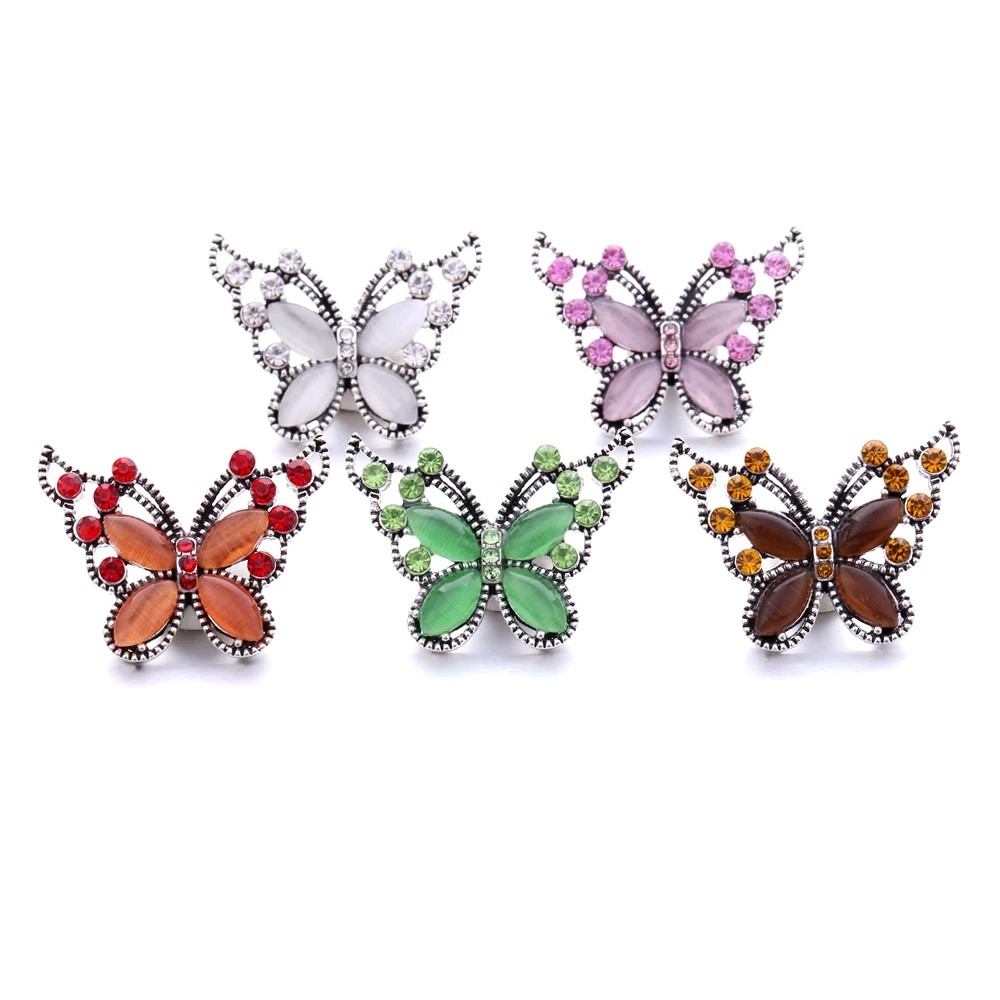15pcs Rhinestone Butterfly 18mm Metal Snap Buttons Fit Snap Bracelet Bangle Necklace DIY Snaps Buttons Jewelry