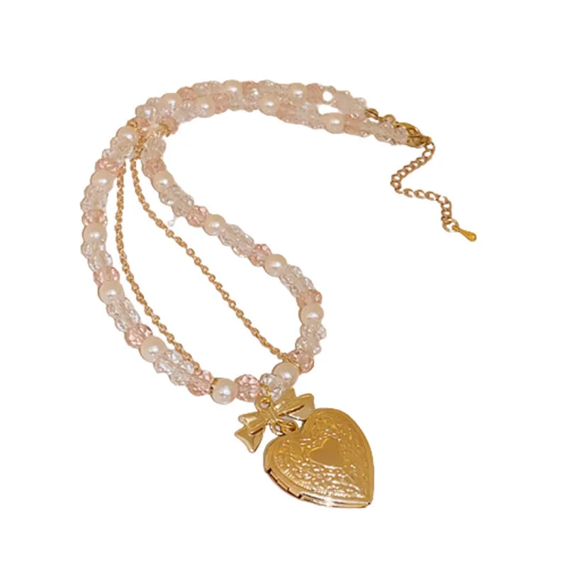 Crystal Pearl Bow Necklace for women French Romantic Love Pendant Clavicle Chain Wholesale fashion and sweet temperament jewelry