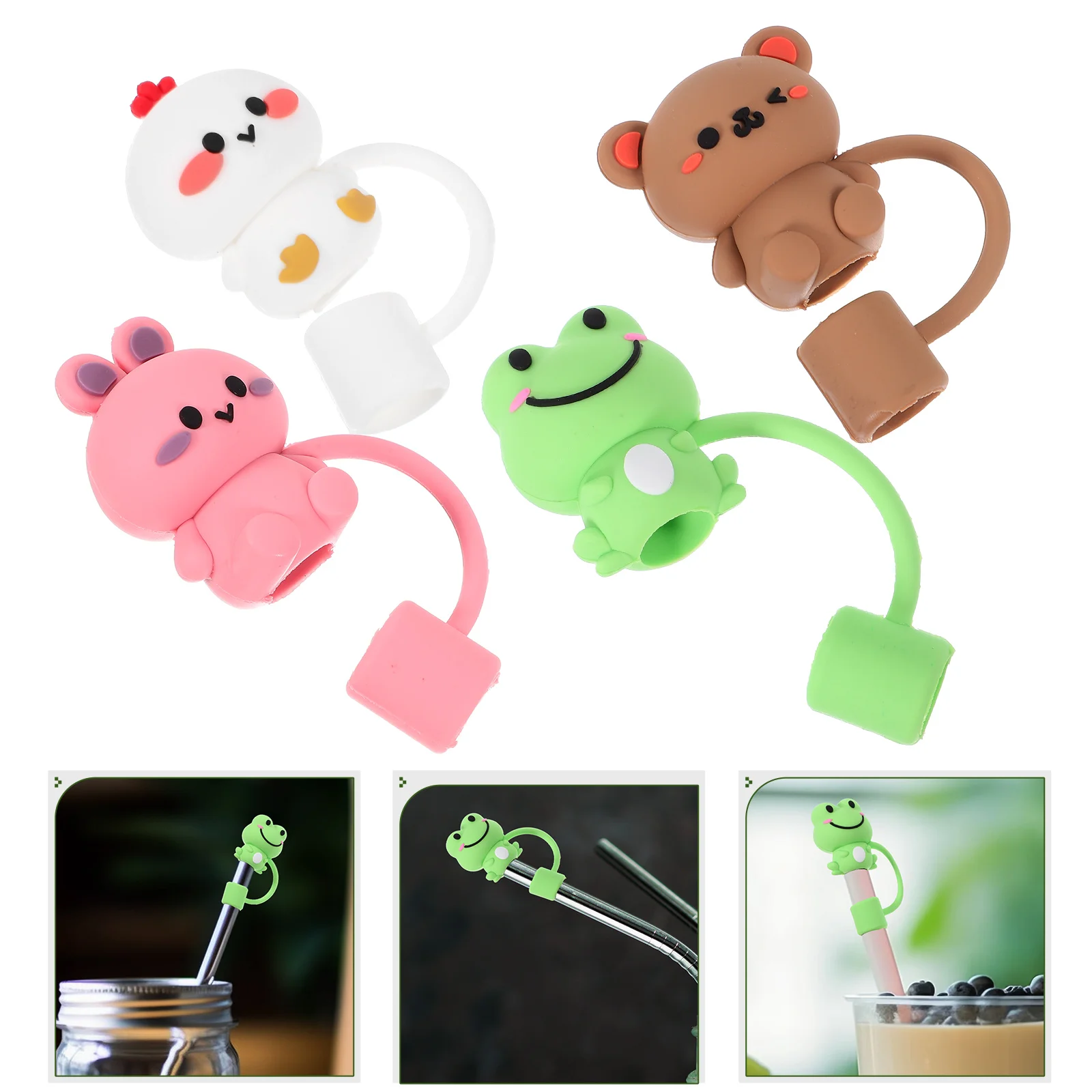 

4 Pcs Animal Straw Plugs Silicone Tip Cover Tips Frog Reusable Covers Suction Cups Drinking Caps Cartoon Protector Topper