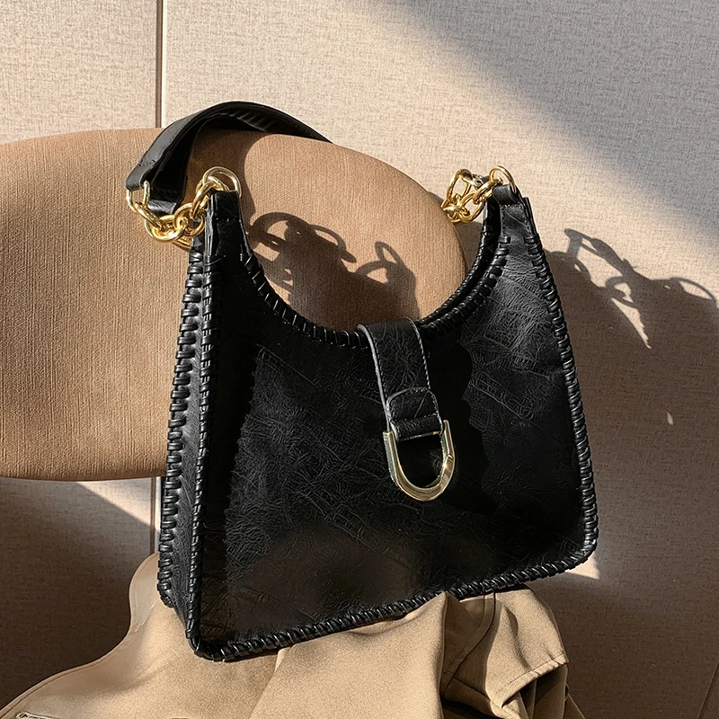 

Autumn Winter Vintage Women Shoulder Bags PU Leather Solid Color Hasp Design Underarm Bucket Bag Lady Fashion Handbags
