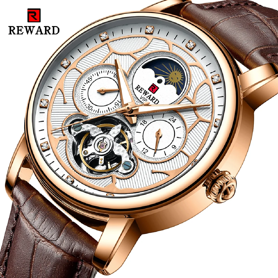 

New REWARD Mens Watches Luxury Automatic Mechanical Watch Waterproof Men Leather Business Wristwatch With Box relogio masculino