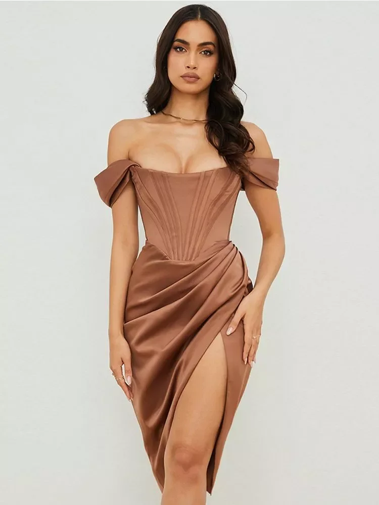 

High Quality Satin Bodycon Dress Women Party Dress 2021 New Arrivals White Midi Bodycon Dress Celebrity Evening Club Dress