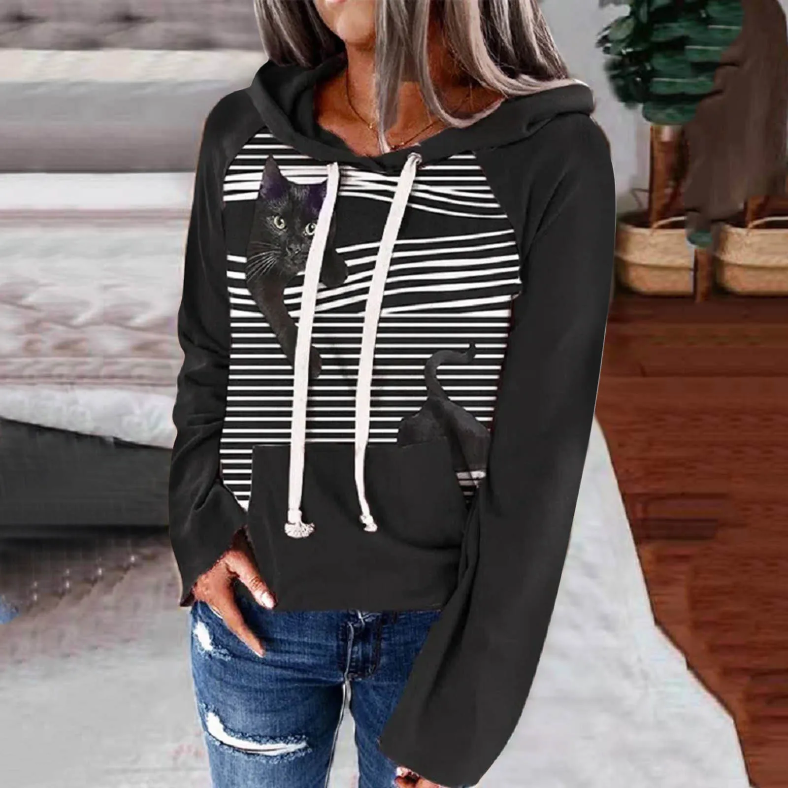 

Hoodie Sweater Raglan Pocket Sleeve Cat Sleeve Long Loose Women's Printed Zip up Sweatshirt Dress Women Women's Sweat Jacket