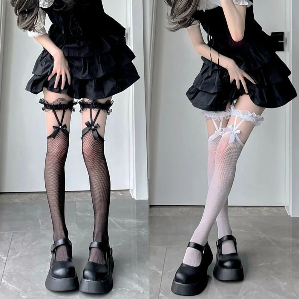 

Сексуальные сетчатые чулки до бедра JK Lolita, длинные чулки для девочек, кружевные чулки до колена в японском стиле с бантом на подтяжках