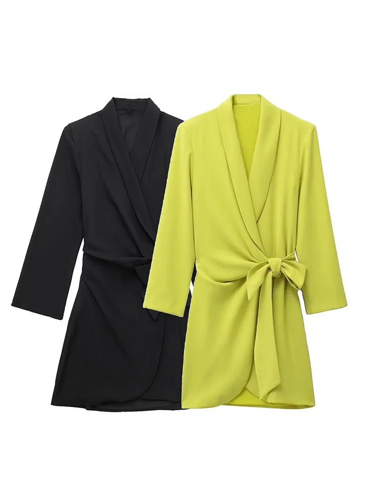 

Женское мини-платье с запахом, новое шикарное модное милое винтажное платье с длинным рукавом и поясом, осень 2022