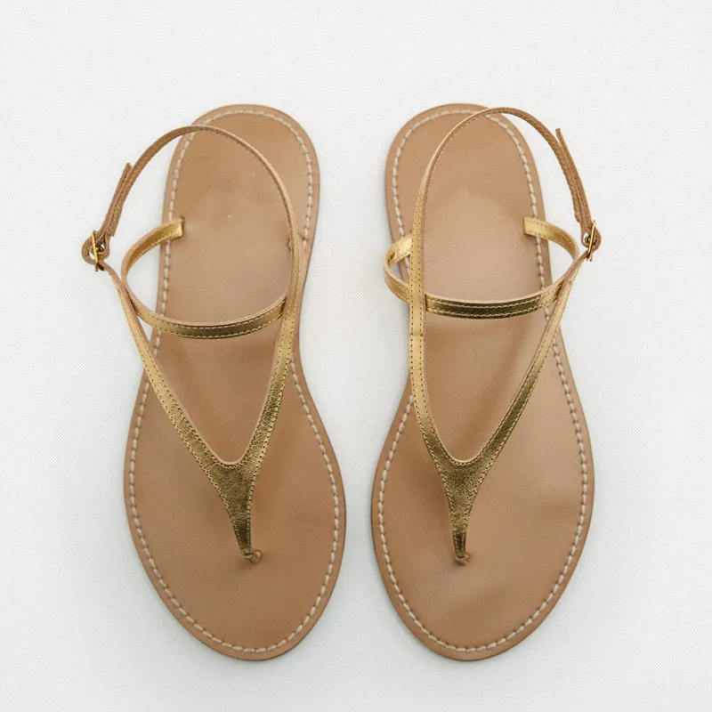 TRAF Flat Shoes Women Sandals 2022 Summer Beach Shoes Metal  Luxury Designer Shoes Women's Clip-On Roman Sandals Woman Shoes