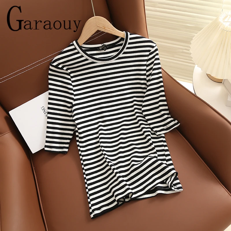 

Garaouy 2023 Women Summer Fashion Half Sleeve Ribbing T-Shirt Stripe Elastic Slim Basic Simple Casual Tops Female Camisetas Tees