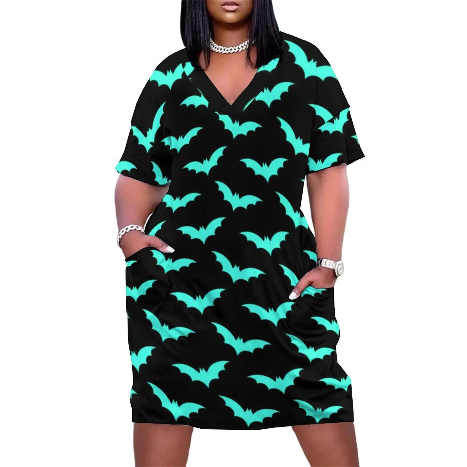 

Spooky Halloween Print Dress V Neck Turquoise Bats Aesthetic Dresses Spring Stylish Casual Dress Lady Stylish Plus Size Clothes