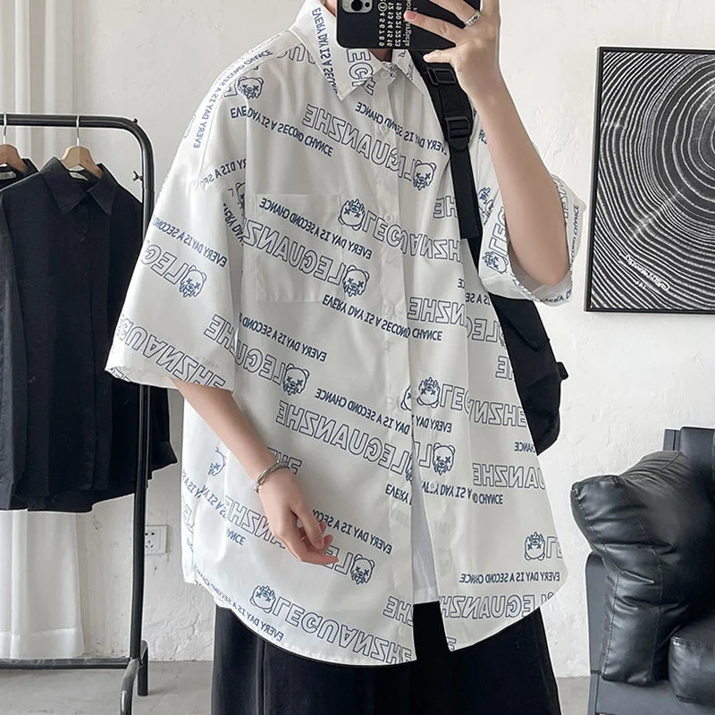 

Lapel Shirts for Men Casual All-match Short Sleeve Full-print Letter Tops Pocket Outer Wear Thin Summer Loose Mens Clothes M-5XL