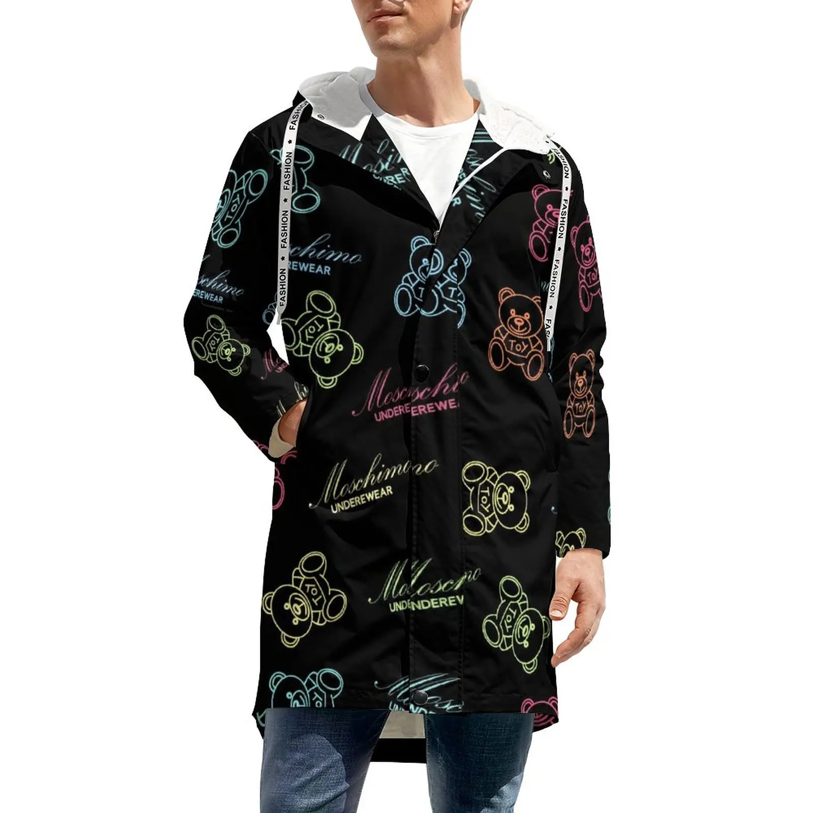 

Neon Bear Print Coats Cute Animal Streetwear Casual Winter Jackets Men Long Warm Windbreakers Custom Oversized Loose Clothing