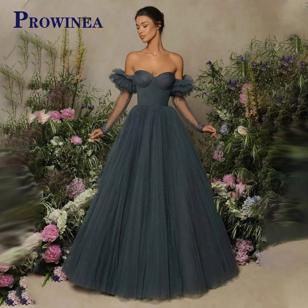 

Prowinea Sweetheart A-Line Tulle Formal Party Dresses For Women Three Quarter Sleeve Crystals Made To Order Robes De Soirée