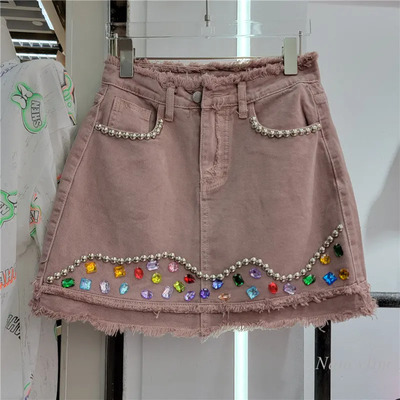 

Beads Diamond-Embedded pink Denim Skirt Women's short Skirt 2023 summer New High Waist Slimming Frayed Sheath skirts femme