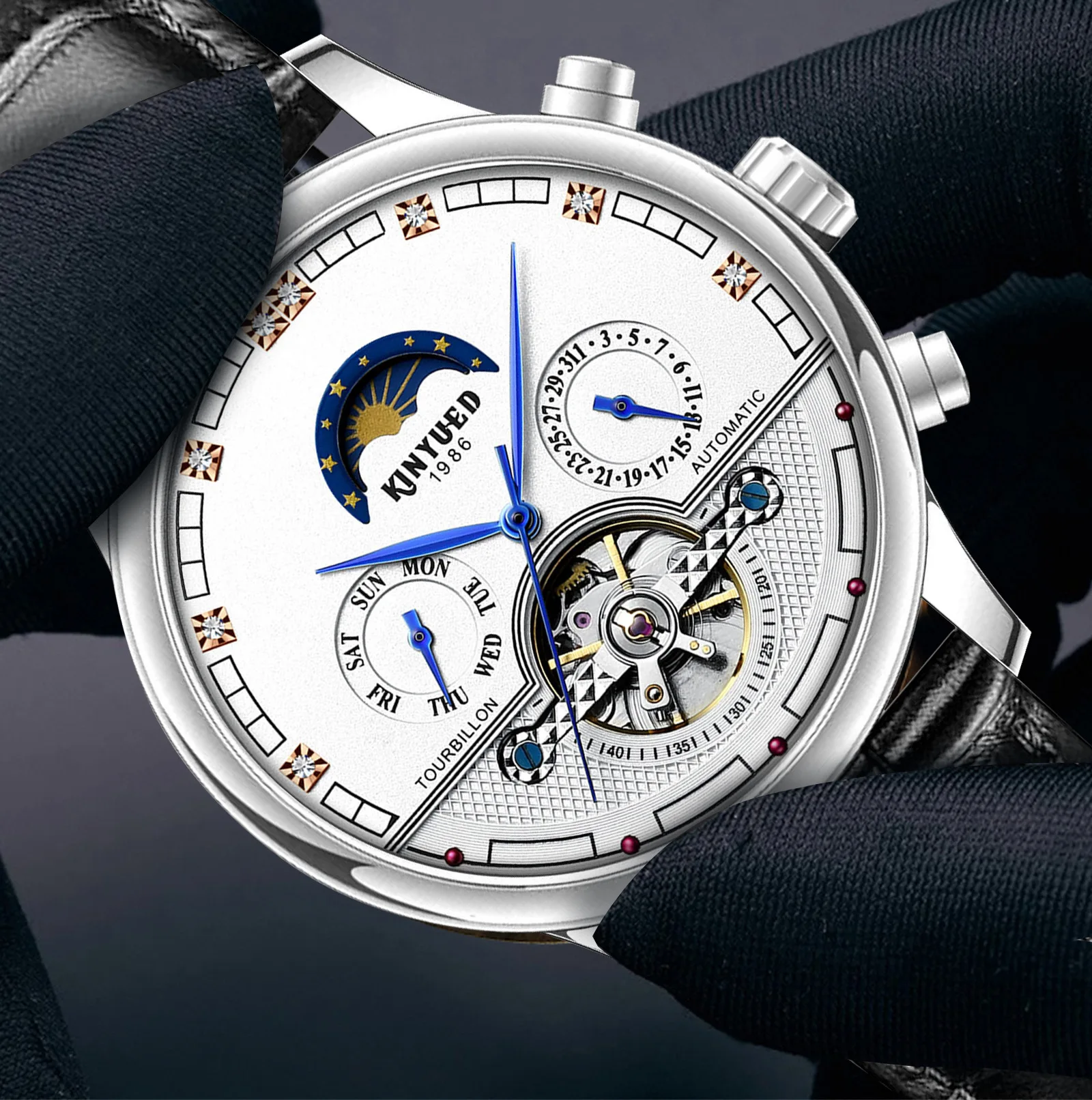 KINYUED sun, moon, stars, moon calendar, flywheel, fully automatic mechanical men's watch, precision manufacturing, luxury