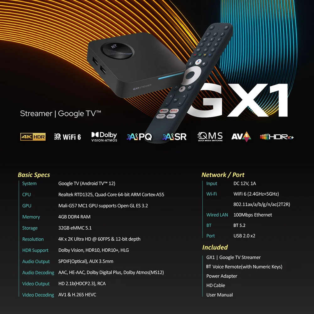 Телеприставка RockTek GX1 UHD Android TV Box 4 ГБ ОЗУ 32 Память Dolby Atmos поддержка 4K 60 Гц