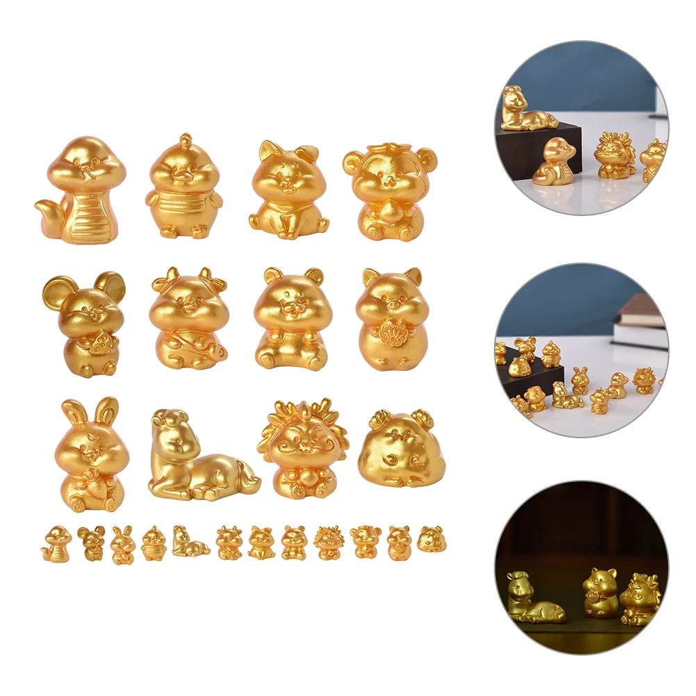 

24 Pcs Fireplace Decor Chinese Zodiac Figurines Lucky Christmas Tree Statues Resin Tabletop Small Home Decoration