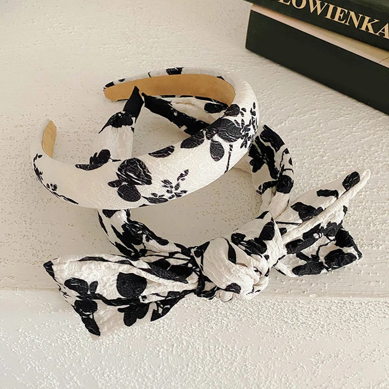 

Floral Big Bow Sponge Headband Pastoral Style Head Hoop Non-slip Hairband Black White Wide-brimmed Women Hair Hoop Elegant Chic