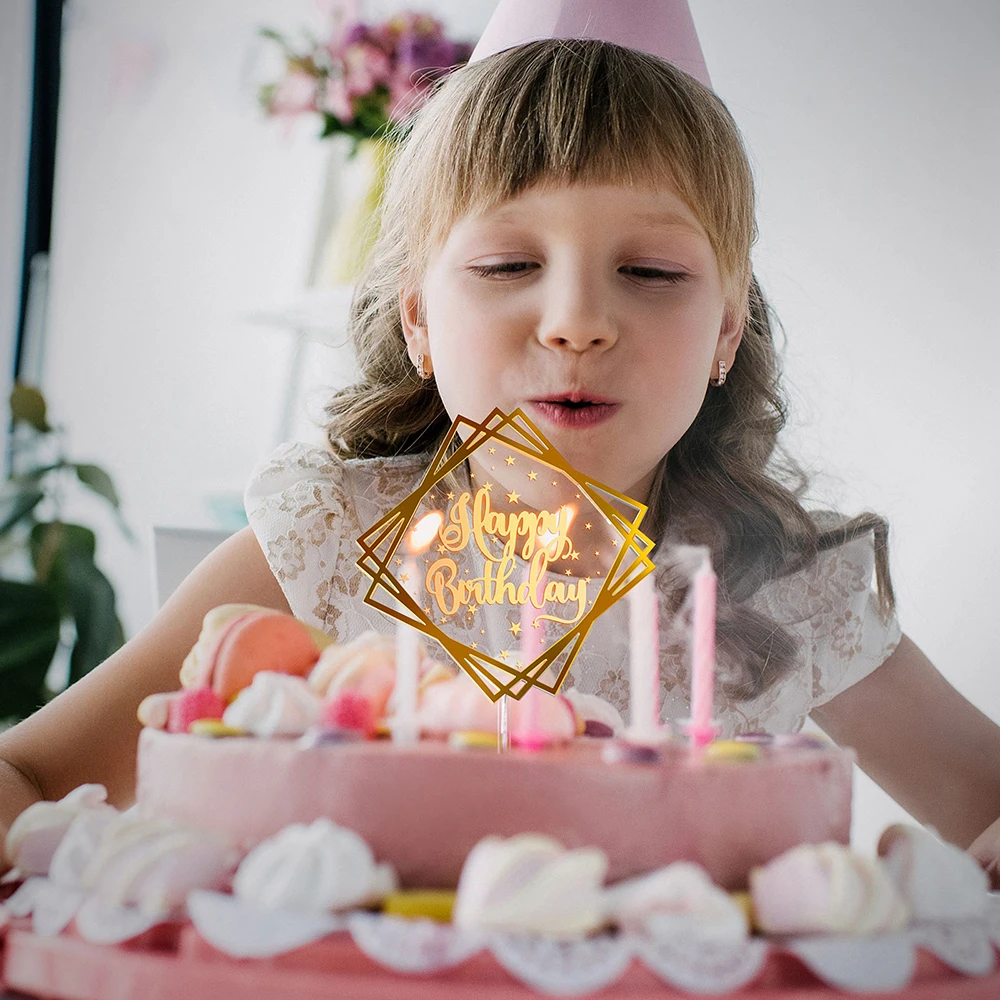 

Happy Birthday Cake Toppers Double Sided Acrylic Mirror Gold Cake Decorations Strip Lights for Birthday Party Decorations