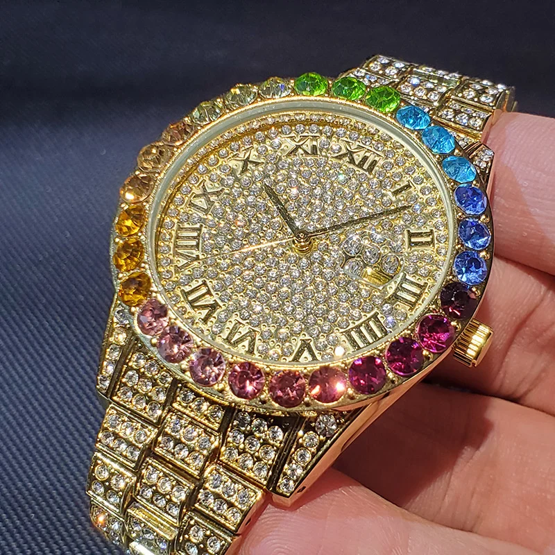 

Швейцарские роскошные кварцевые часы в стиле хип-хоп с радужным календарем