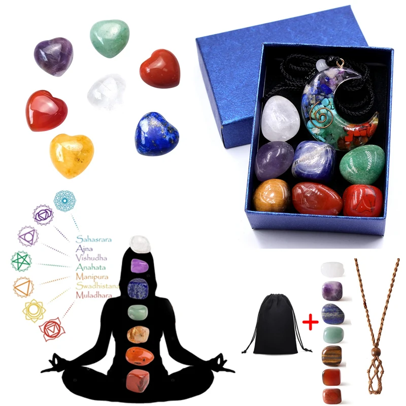 

Natural Crystal Chakras Kit Amethyst Stone Healing Meditation Reiki 7 Chakra Yoga Stone Set Collection Gifts Necklace Spiritual