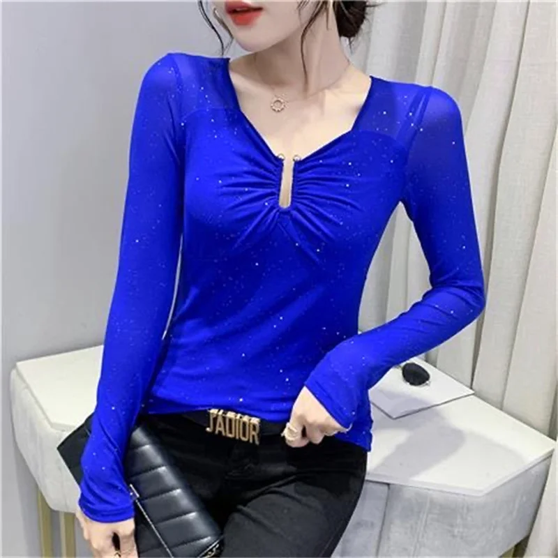 

Woman Spring Autumn Style Blouses Shirts Lady Casual Long Sleeve V-Neck Mesh Patchwork Blusas Tops DD9452