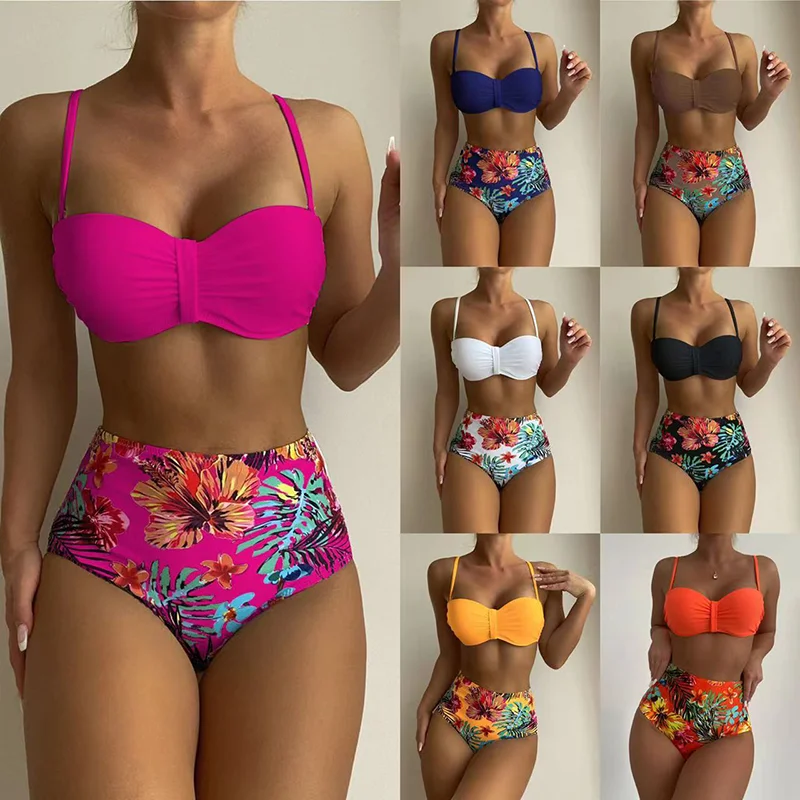 

Bikinis Set Swimsuit Beach Outfits For Women Sexy Fitted Two Piece Set Solid Color Floral Belt Chest Pad Without Steel Bracket