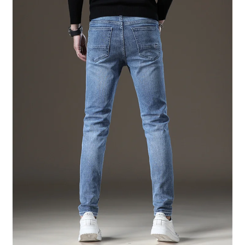 Street Style Men's 2022 Autumn Winter New Slim Fit Elastic Blue Pencil Pants Casual Denim Women's Plush and Thicken Jeans Street