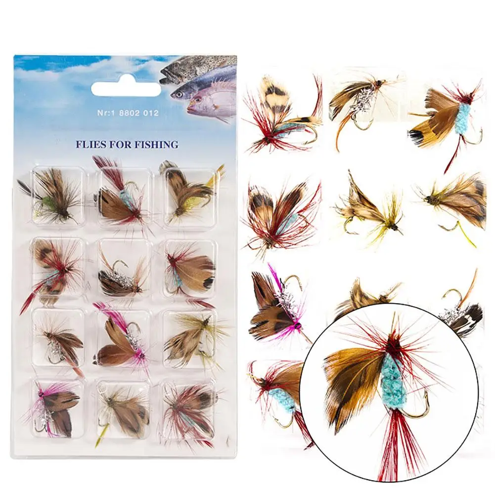 

YFASHION 12pcs Flies Fly Fishing Lures Feathers Insects Bionic Bait Fishhook Fish Tackle For Freshwater Saltwater