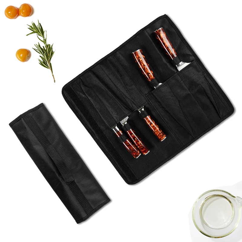 

5pcs Chefs Knife Bag Black Durable Nylon Kitchen Knife Set Storage Roll Bag Kitchen Tools
