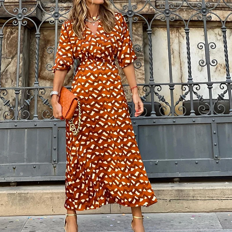 

Женский офисный костюм с юбкой и принтом, блузка с глубоким V-образным вырезом и длинная юбка с высокой талией, комплект из 2 предметов, шикар...