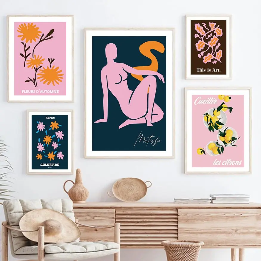 Абстрактная линия девушка тело цветок лист лимон настенная Картина на холсте