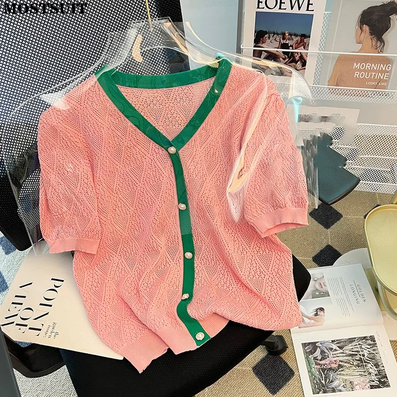 

Summer Thin Hollow Knit Pullover T-shirt Women Contrast Color Short Sleeve V-neck Sweater Tees Fashion Elegant Vintage Knitwear
