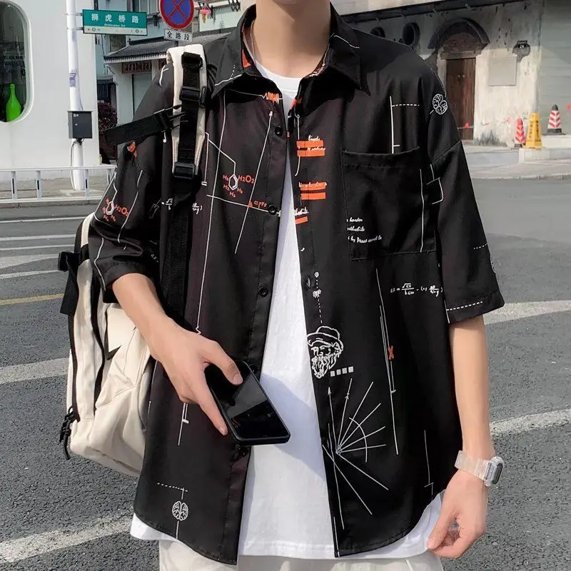 Korean Style Fashion Streetwear Men's Half Sleeve  Shirt 2022 Casual Blouses Top Printed Streetwear Men Shirts E79