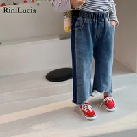 rinilucia korean childrens denim pant spring 2022 new baby girl splice jeans tassel casual pants 2 7year girl wide leg pants