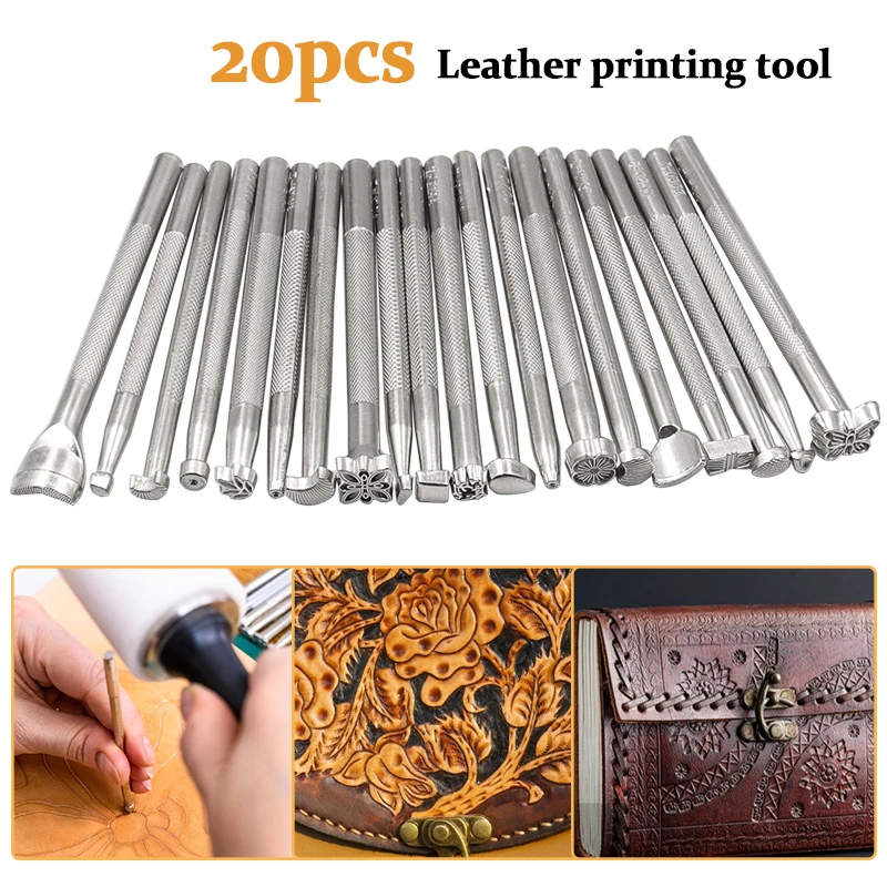 

K40 20pcs Leather Stamp Printing Tool Kit Alloy Stamp Punch Set Carving Saddle Making Tools for Leather Craft DIY Artwork