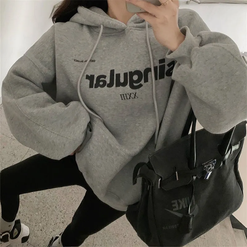 

Harajuku Hoodie Ladies Simple Solid Color Letter Print Harajuku Thickened T-Shirt Street Style Punk Fashion Casual Oversize Tops