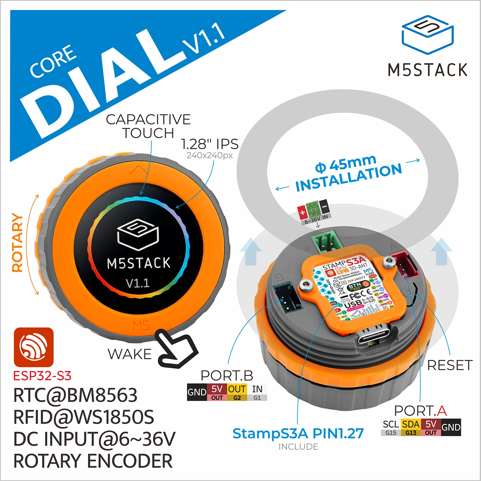 

M5Stack Officail Dial v1.1-ESP32-S3 Интеллектуальная поворотная ручка с круглым сенсорным экраном 1,28 дюйма