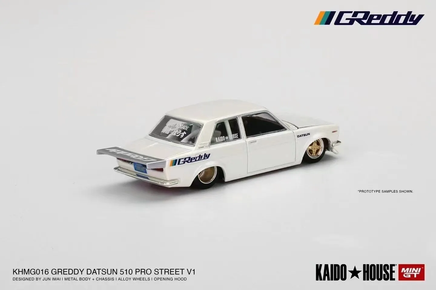 

Новые запасы, Мини GT 1:64 Datsun 510 Pro Street, литой под давлением автомобиль, белый и серый цвет, июль 2022 года