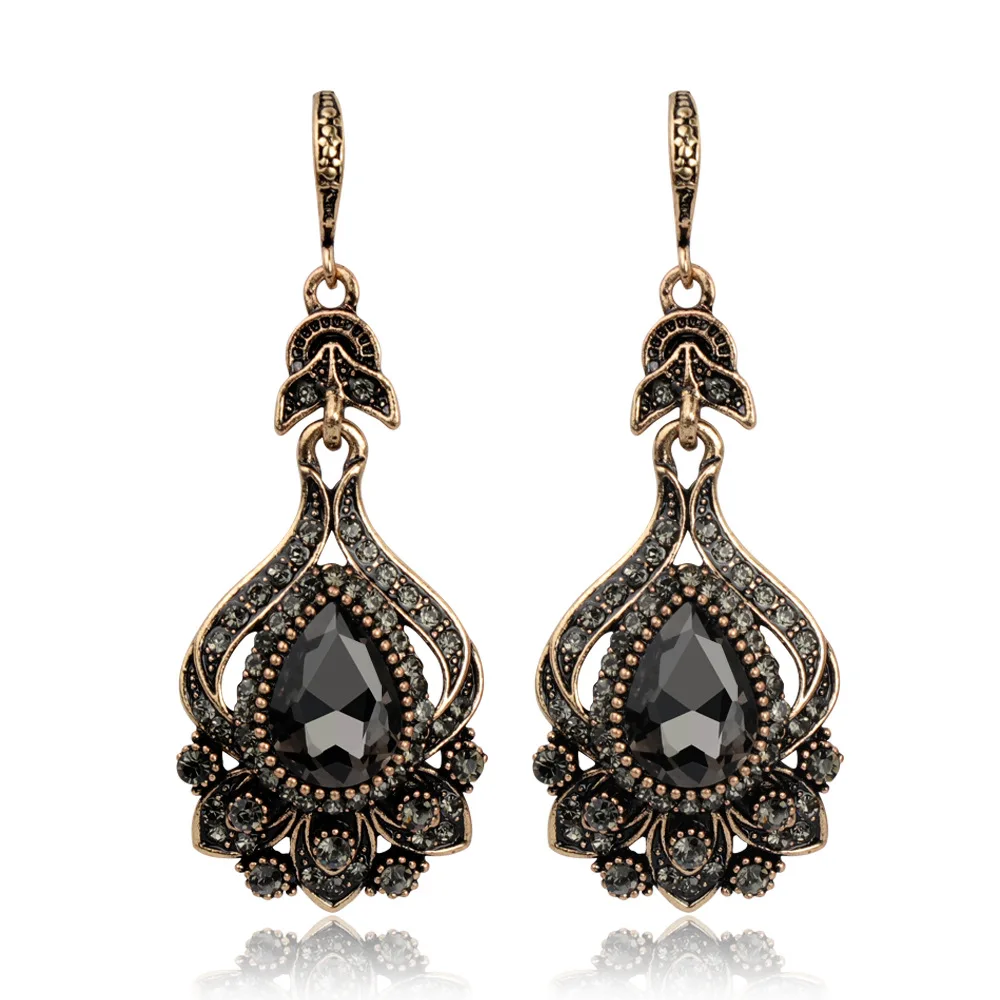 

Boho Stud Earrings For Women Antique Gold Black Stone Vintage Earrings Gray Crystal Bride Wedding Jewelry серьги женские