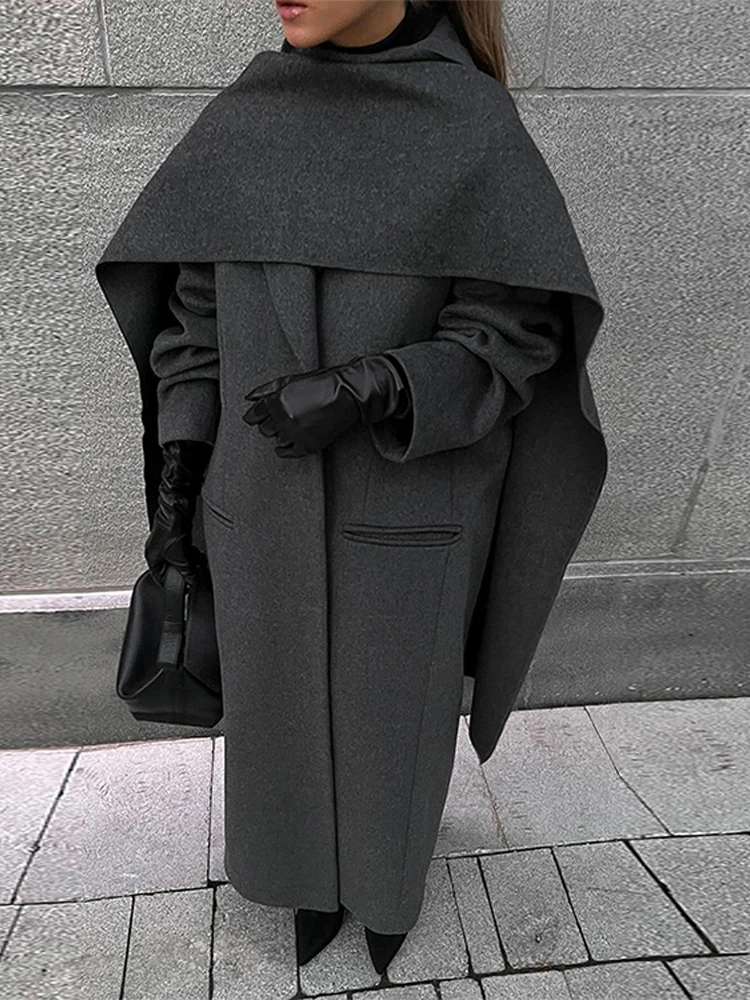 Длинный женский двубортный пиджак с шарфом и воротником из шерсти и ...